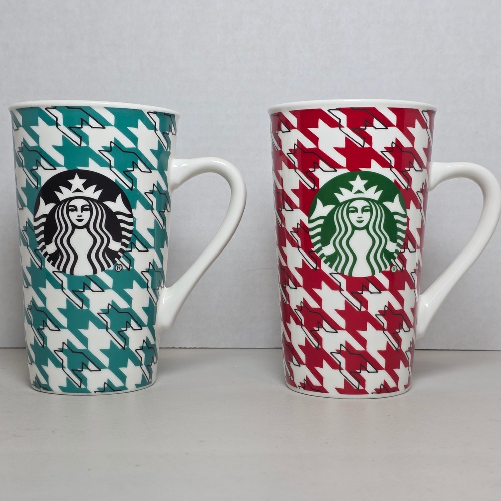 Starbucks Houndstooth Coffee Mug Set 2017 Red Teal Teal 16oz Ceramic Cups 2pc